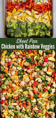 chicken with rainbow veggies in a casserole dish and on the side