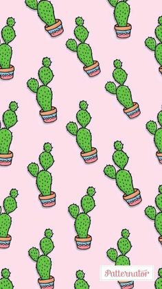 a pink background with green cactuses and potted cacti on the side