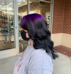 Black Roots Purple Hair Ombre, Blue To Black Hair Ombre, Vivid Roots Black Hair, Purple Shadow Root Black Hair, Purple Roots And Black Hair, Black Roots With Purple Hair, Colour Roots Black Hair, Colored Roots Dark Hair, Purple On Top Black On Bottom Hair