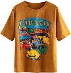 Car Letter, Look Grunge, Graphic Print Top, Casual Summer Shorts, Usa Shirt, Round Neck Tees, Round Neck Tops, Casual Tee