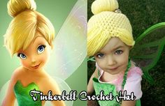 two pictures of tinkerbell crochet hats