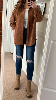 Oversized Brown Shacket Outfit, Brown Corduroy Jacket Outfit Fall, Shacket And Chelsea Boots, Brown Shirt Jeans Outfit, Fall Jeans Outfit Casual Ankle Boots, Black Corduroy Shacket Outfit, Brown Shirt Winter Outfit, Fall Corduroy Jacket Outfit, Casual Fall Outfits Outdoors