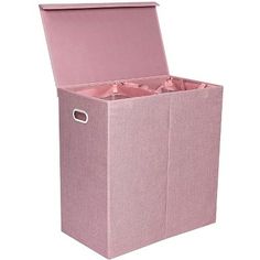 the pink storage box is open and has two compartments on each side, one for storing items