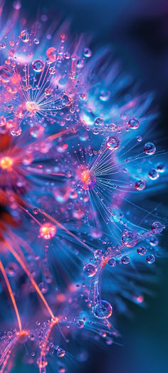 a dandelion with lots of water droplets on it's petals in blue and pink