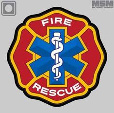 the fire and rescue emblem is shown in red, yellow, and blue with an emt symbol on it