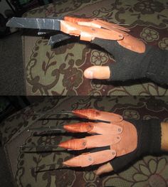 two pictures of hands with fake nails on them, one is holding a knife and the other has scissors in it