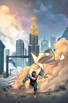 an image of a man flying through the air in front of a cityscape