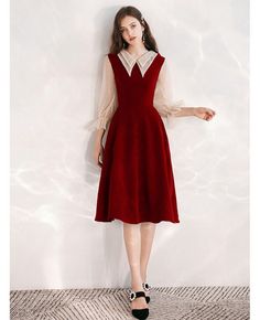 Shop Burgundy A Line Tea Length Party Dress With Collar Sleeves online. All instock with free shipping. Pro since 2009. Red A-line Midi Dress For Winter, Burgundy A-line Midi Dress For Party, Elegant Burgundy A-line Dress, Elegant Red Fit And Flare Midi Dress, Elegant A-line Vintage Winter Dress, Elegant A-line Burgundy Dress, Knee-length Vintage Dress For Fall Party, Elegant Fitted Midi Dress With Doll Collar, Fall Midi Dress For Banquet