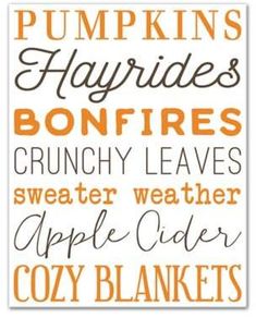 a sign that says pumpkins, hayrises, bonfires, crunchy leaves, sweater weather apple cider cozy blankets