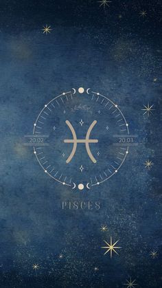 the zodiac sign pisces is shown on a blue background with stars around it