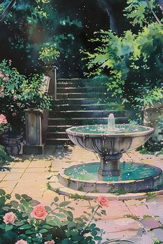 a painting of a fountain surrounded by flowers and greenery with steps leading up to it