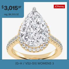 a pear shaped diamond ring with diamonds on the sides and an ad for jcheney