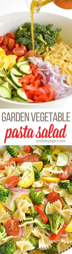 a bowl filled with pasta and vegetables being poured into the bowl to make vegetable salad