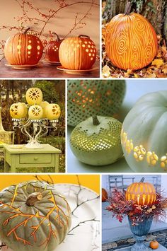 pumpkins and gourds are featured in this collage, including one with an intricate design