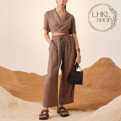 Linen Crop Top, Linen Wrap Top, Linen Shirt, Linen Blouse, Top And Pants Set, V Neck Top, Button Front Top, Short Sleeve Top, Linen Set Clothing, Matching Set Introducing our elegant two-piece ensemble featuring a short-sleeved vest and culottes pants. This stylish set is designed to bring a touch of sophistication to your wardrobe. My new set is the perfect blend of style and sophistication. This set includes a short sleeve vest and a pair of tailored trousers. The vest has a contemporary desig Womens Linen Pants, Palazzo Pants Summer, Brown Linen Pants, Linen Palazzo Pants, Short Sleeve Vest, Linen Wrap Top, Crop Top And Pants Set, Crop Top Pants Set, Maxi Pants