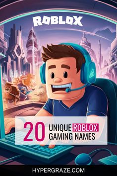 A cartoon-style Roblox character gaming in a futuristic setting, promoting 20+ unique Roblox gaming channel names ideas for YouTube content creators.