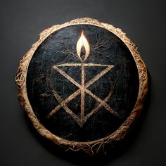 a black and gold circle with a candle in the center on a dark background that looks like an inverted pentagram