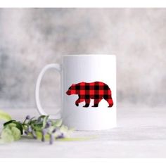 Buffalo Plaid Bear Mug My Simple Creations Bear Ceramic, Bear Mug, Vibrant Design, White Material, Ceramic Coffee Mug, Buffalo Plaid, Wrap Around, Buffalo, Coffee Mug