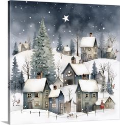 a painting of a snowy village with houses and a christmas tree in the foreground