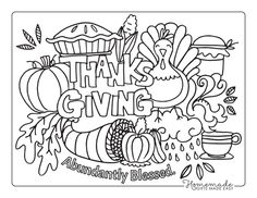 the thanksgiving coloring page is filled with words