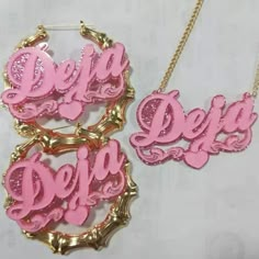 Dope Jewelry Accessories, Pink Names, Bamboo Hoop Earrings, Necklace Name, Name Earrings, Bamboo Earrings, Pink Acrylic, Dope Jewelry, Pink Vibes