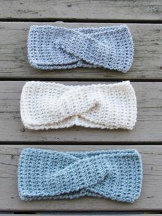 three crocheted headbands with the words twist ear warmer free crochet pattern