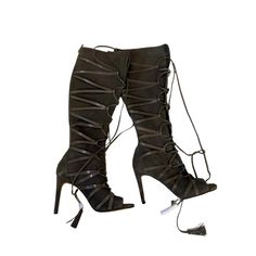 These Knee High Heeled Boots Are A True Show Stopper. They Are Open Toed With Laced Front That Makes Them Adjustable To Fit Any Calf Size. Color Described As 'Tornado' On Box. Fitted Suede Open Toe Boots, Fitted Suede Open-toe Boots, Leather Lace-up Heeled Boots For Night Out, Fitted Open Toe Faux Leather Boots, Leather Open Toe Party Boots, Faux Leather Heels With Leather Sole, Open Toe Leather Party Boots, Fitted Faux Leather Heels With Leather Sole, Leather Open Toe Heeled Boots For Night Out