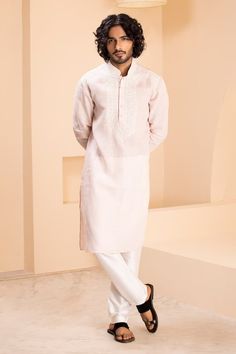 Baby pink linen kurta with placement dori embroidery on front. Paired with a contrasting plain aligadhi. - Aza Fashions Dori Embroidery, Men Kurta, Pink Linen, Aza Fashion, Baby Pink, Types Of Sleeves, For Men, Embroidery, Fashion Design