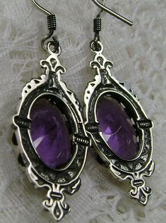 Purple Amethyst Earrings, Edwardian Jewelry, Pin Design#E18 with traditional Ear Wire Closures Elegant Purple Pierced Earrings, Ornate Purple Drop Earrings, Ornate Purple Dangle Earrings, Ornate Purple Jewelry With Matching Earrings, Elegant Purple Pierced Jewelry, Formal Lavender Gemstone Earrings, Formal Lavender Amethyst Earrings, Silver Jeweled Earrings As A Gift, Ornate Purple Sterling Silver Earrings