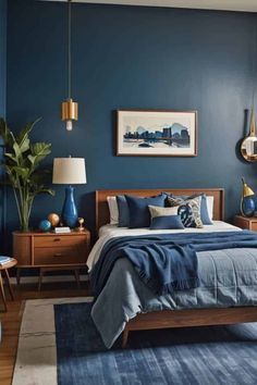 #girlsroom #bedroomideas #dormdecor #bohobedroom #bohochic #homedecortips Walnut And Blue Bedroom, Blue Bedroom Brown Furniture, Grey Blue Bedroom Walls, Navy Blue Room Ideas Bedroom, Blue Wall Bedroom Decor, Sherwin Williams Blue Bedroom, Wooden Bed Bedroom Ideas, Earthy Blue Bedroom, Blue And Wood Bedroom