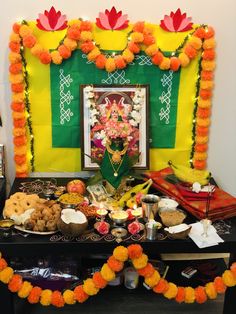 a table with food and decorations on it