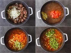 four pictures showing the steps to make beef stew