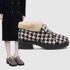 Designer: Gucci Condition: Authentic And Brand New Style Name / Number: 591039 Hr210 9085 Material: Wool Blend, Faux Shearling, Rubber Sole Unique Features: Timeless Houndstooth Checks Pattern The Wool Blend Upper Of A Striking Booties Made Coze By A Plush Faux Shearling Lining. Block Heel. .75" Platform, Lace Up Style, Foldover Ankle Detail. Color: Black / White, Please Note That Color Appearance May Vary Depending On Your Monitor Settings Retail: $980 Plus Tax Measurements: Please Ask For Meas Gucci Leather Boots For Winter, Gucci High-top Sneakers With Branded Insole, Gucci High-top Sneakers With Branded Heel And Round Toe, Gucci Winter Boots With Round Toe, Gucci Black Winter Boots, Houndstooth Ankle Boots, Luxury Shearling Boots With Faux Fur Trim, Gucci Boots, Gucci Shoes