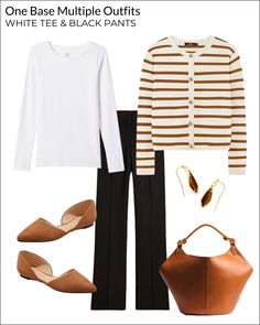 1 Base, 10 Outfits: How To Style Multiple Outfits With Black Pants And A White Tee - White Tee Outfit, Capsule Wardrobe Jewelry