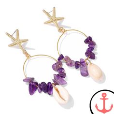 Starfish Gold Drop Earrings Elegant Starfish Jewelry For Vacation, Elegant Starfish Shaped Jewelry For Vacation, Purple Dangle Earrings For Beach, Purple Dangle Earrings For The Beach, Purple Dangle Jewelry For Beach, Purple Drop Earrings For The Beach, Purple Drop Earrings For Beach, Elegant Purple Earrings For Beach, Elegant Purple Beach Earrings