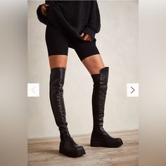 Edgy Knee-high Moto Boots With Lug Sole, Edgy Medium Width Knee-high Boots, Black Wide Calf Knee-high Synthetic Boots, Black Knee-high Boots With Rubber Sole, Edgy Boots, Medium Width Knee-high Boots With Lug Sole, Free People Shoes, Knee Boot, Funky Shoes