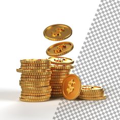 a pile of gold coins sitting next to each other on top of a checkered background