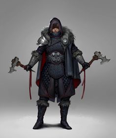 a character from the video game darkside armor, holding two swords and standing in front of