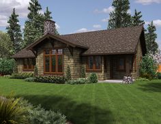 this is an artist's rendering of a small cabin style home in the woods