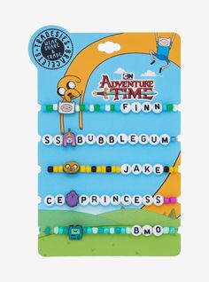 the adventure time finn bracelet set is shown in three different colors and sizes, including beads