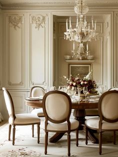 an elegant dining room with chandelier and table set for four people in it