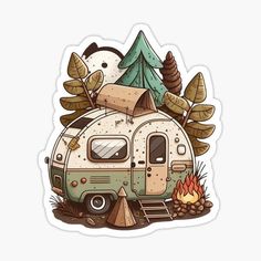 an rv parked in the woods next to a campfire and some trees sticker