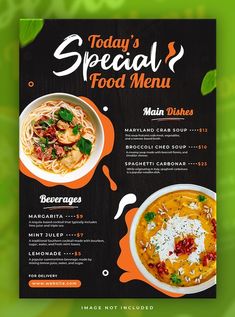 a menu for a restaurant with different food items on the front and back cover, including soup