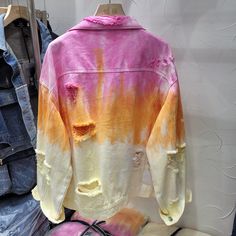 Pink And Orange Tie-Dye Denim Jacket - RippedJeans® Official Site Jeans Texture, Indigo Denim Jacket, Dark Blue Denim Jacket, Dye Denim, Tie Dye Denim, Embroidered Denim Jacket, Orange Tie, Pink M, Distressed Denim Jacket