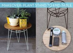 some plants and tools are sitting on a small table next to a potted plant with the words makeover plant stand to end table