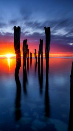 the sun is setting behind some old wooden posts in the water with words written on it