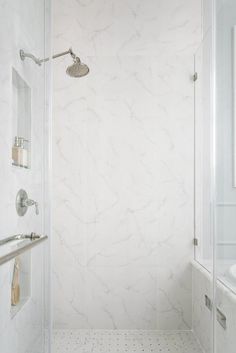 a walk in shower sitting next to a white sink