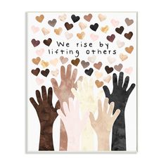 a card with hands and hearts flying out of it that says, we rise by lifting others