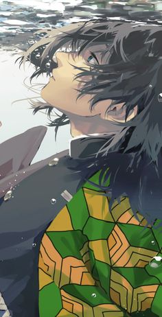 an anime character with long black hair holding a green object in his hand and looking at the water