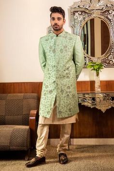 Shop for Darshika Menswear Green Silk Embroidered Sherwani Kurta Set for Men Online at Aza Fashions Straight Kurta Sherwani With Mirror Work In Raw Silk, Pista Green Long Sleeve Sherwani With Cutdana, Semi-stitched Pista Green Sherwani With Resham Embroidery, Embroidered Semi-stitched Sherwani, Semi-stitched Green Sherwani With Cutdana, Luxury Semi-stitched Green Sherwani, Embroidered Sherwani, Pyjama Pants, Pearl Work